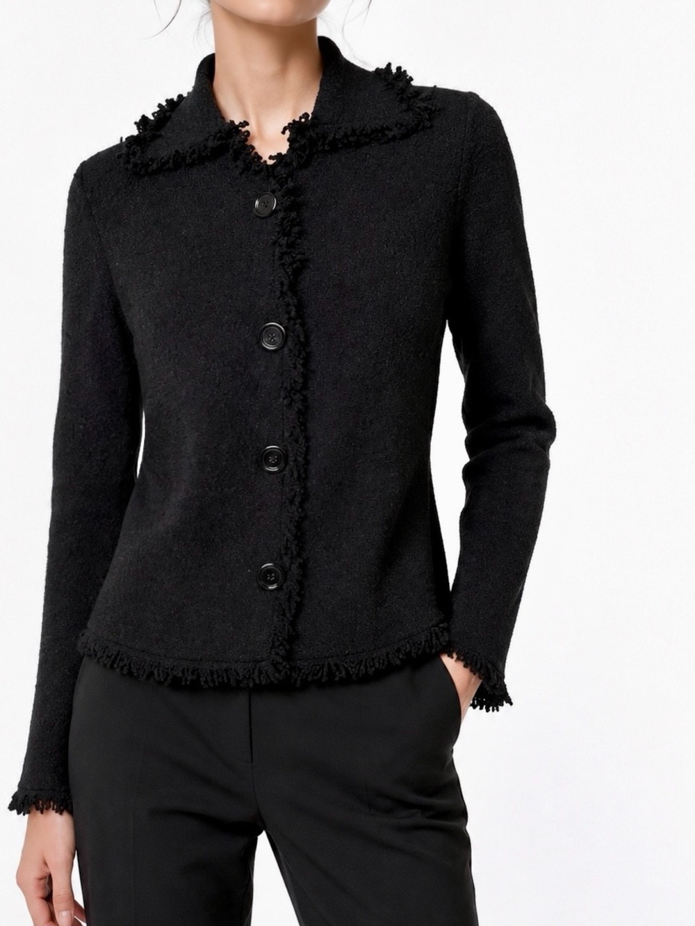 SIGRID OLSEN Black Fringed Hem Blazer Boucle Sweater Jacket Cardigan Classy Coat